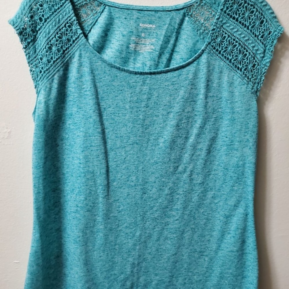 Sonoma, women's summer casual blue sweater with lace over the shoulders